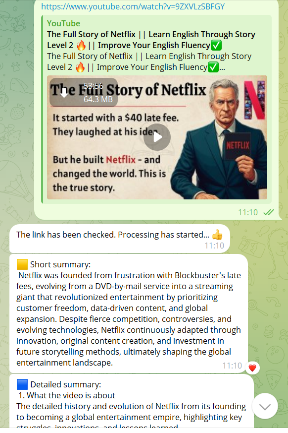 Example of YouTube summary in Telegram